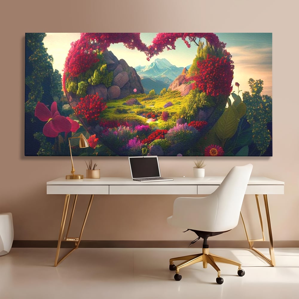 Tablou canvas cu ilustratie digitala peisaj in forma de inima, fara rama, pe sasiu de lemn, pe perete intr-un birou